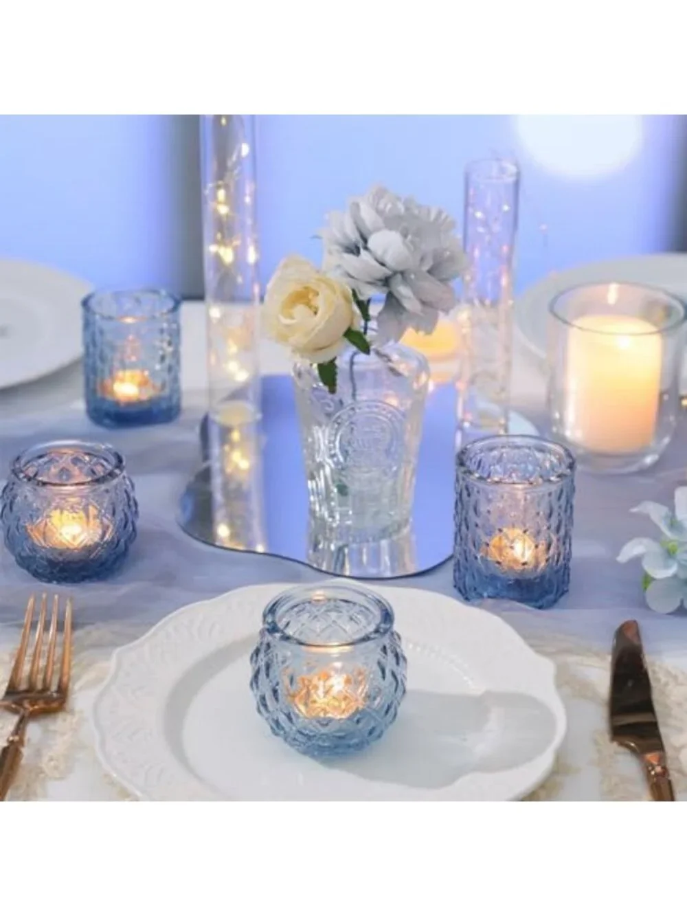Set of 24 Blue Glass Votive Candle Holders - Round Tea Light Holders for